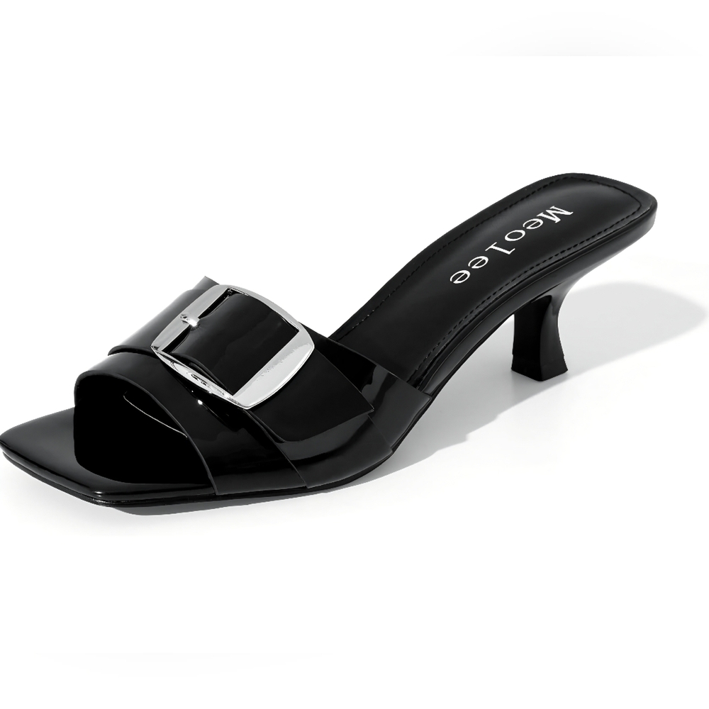 Black Patent Leather Mules with Silver Buckle